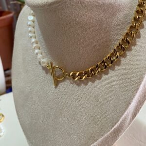 عقد لؤلؤ مياه عذبة وستانلس مطلي ذهب